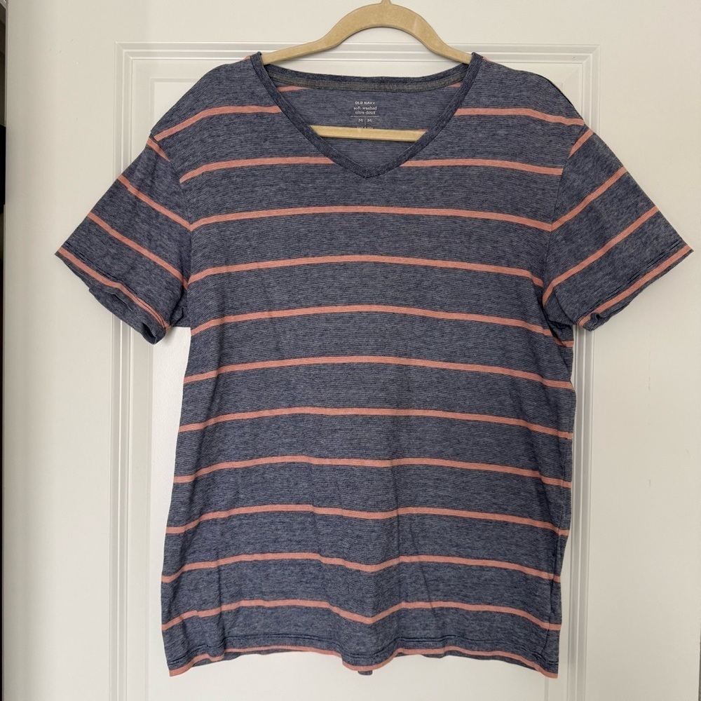 Old Navy Blue and Coral Striped V-Neck Men's Soft-washed Ultra-doux Tee Medium
